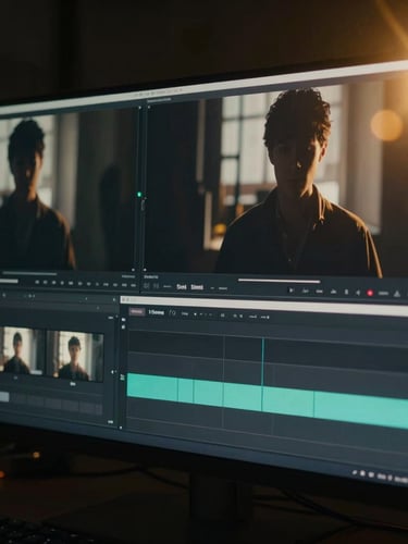 Cinematic letterboxed video editing timeline on a dual-monitor setup, low-key dramatic lighting, deep shadows with gold accents, anamorphic lens flare, 35mm