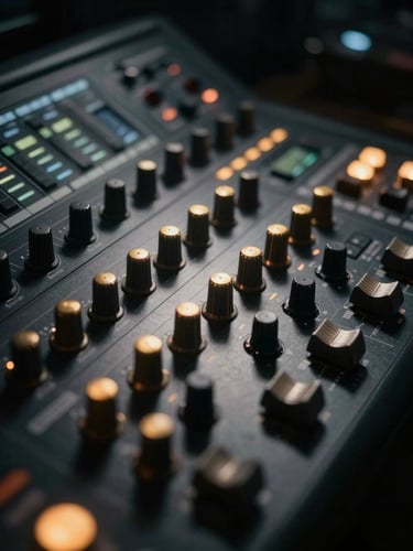 Macro shot of a high-end color grading console with backlit gold dials, low-key dramatic studio lighting, deep shadows, cinematic film photography
