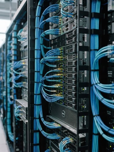 A sharp, high-fidelity close-up of modern server racks with tidy blue and cyan cabling, cool natural light, 35mm