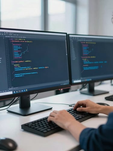 A professional workspace with natural light, where a developer is typing clean code on a monitor, subtle blue ambient glow, sharp focus, 35mm