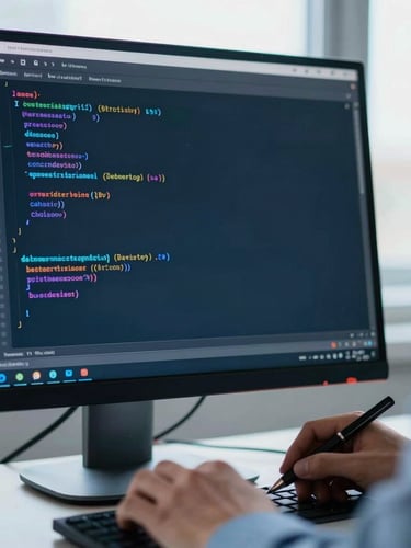 Close-up of a developer writing clean code on a dark monitor, cool natural window light, sharp focus, 35mm