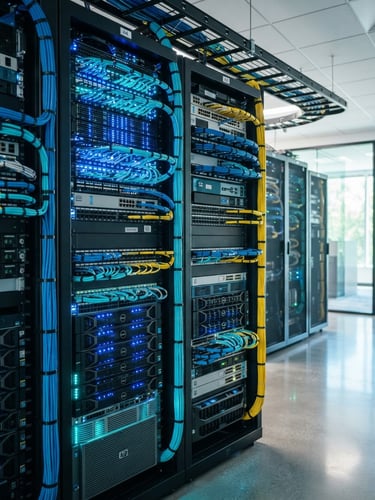 Clean modern server racks with tidy cabling in a bright professional workspace, crisp studio lighting, cyan ambient glows, sharp focus, 35mm