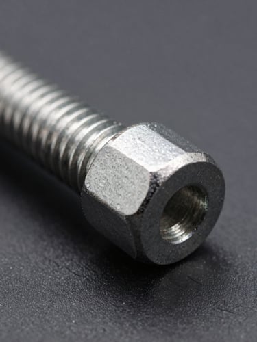 Macro close-up of a clean steel tie rod end, sharp metallic thread details, dark gray industrial background, high contrast studio lighting