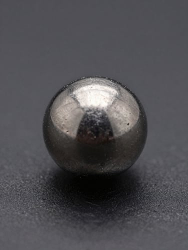 Macro close-up of a clean steel ball joint on a dark metallic surface, sharp industrial lighting, high contrast