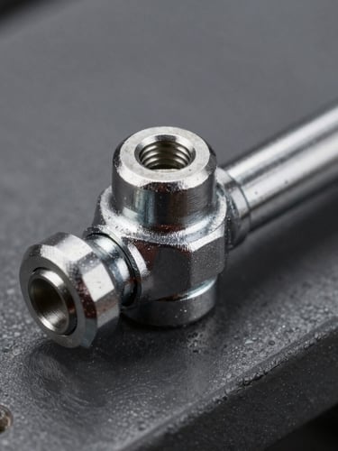 Macro close-up of a clean metallic ball joint and tie rod on a dark gray steel workbench, sharp studio lighting, high contrast metallic textures