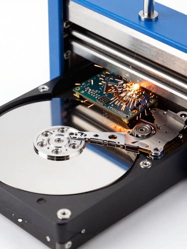 Close-up of a hard drive being physically shredded by a destruction machine, sparks flying, bright cool studio lighting, royal blue accents, sharp focus.