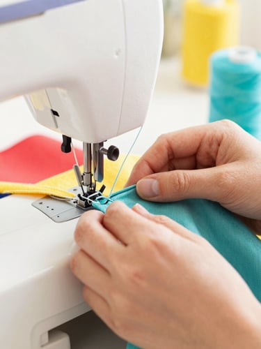 Close-up of hands carefully stitching a colorful fabric with a sewing machine, soft focus on the bright teal thread, warm family workshop atmosphere