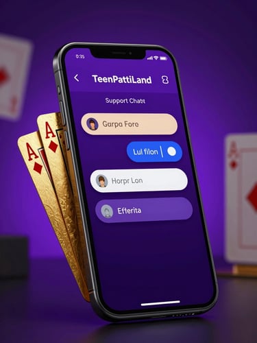 Sleek mobile phone mockup displaying the TeenPattiLand support chat interface, premium gold-trimmed playing cards on the side, dramatic low-key studio lighting with vibrant purple backlighting and reflective gold highlights, macro depth of field