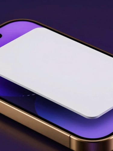 Sleek mobile phone mockup showing a premium gold-trimmed card hand on the screen, reflecting dramatic purple studio light, macro depth of field.