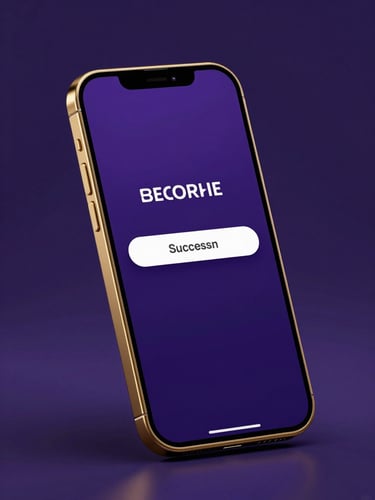 Sleek 3D render of a mobile phone mockup showing a secure transaction success screen with gold accents, deep purple background