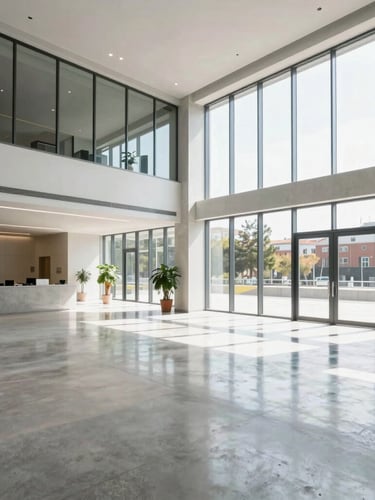 Wide architectural view of a bright modern office lobby in Madrid, polished concrete floor reflecting natural light, large windows, clinical cleanliness.