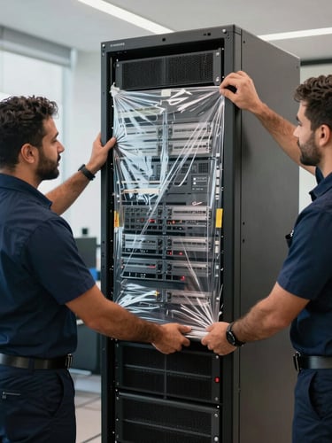 Medium shot of a professional logistics crew in navy uniforms carefully securing server racks with anti-static wrap inside an Abu Dhabi corporate office, bright natural light.