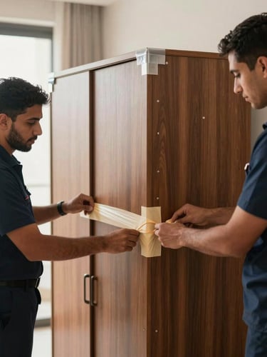 A medium shot of two uniformed crew members in deep navy shirts carefully applying protective corner guards and stretch wrap to a heavy wooden cabinet in a bright Abu Dhabi apartment, natural daylight.