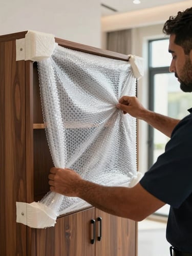 A close-up shot of a uniformed moving crew member carefully applying multi-layered bubble wrap and thick corner guards to a polished wooden cabinet inside a modern Abu Dhabi villa.
