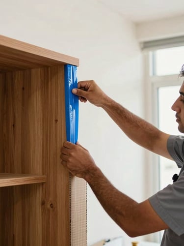 A medium shot of a uniformed crew member wrapping a polished wooden cabinet corner with thick corrugated cardboard and securing it with heavy-duty blue packing tape inside a bright Abu Dhabi apartment.