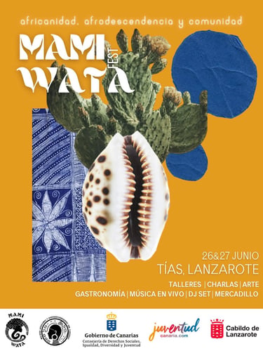 Mami Wata Fest poster in Lanzarote featuring a cowrie shell, cactus, and blue tribal textile patterns.