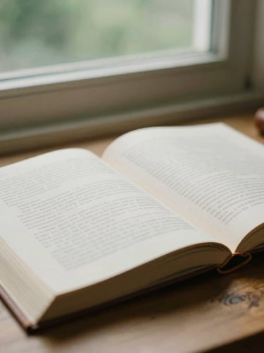 Close-up of open study books and a leather journal on a warm wooden desk, soft natural window light, muted forest green tones, shallow depth of field, 35mm