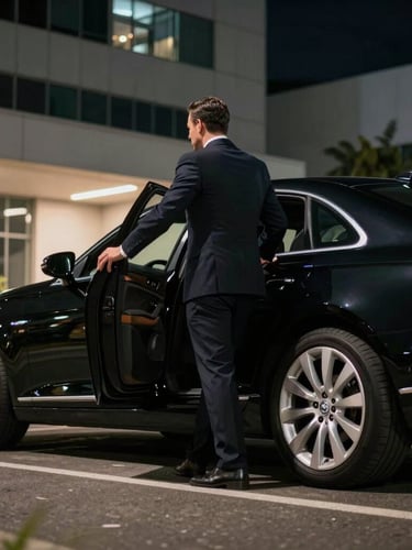 Low-angle heroic shot of a black executive sedan arriving at a corporate building in Faria Lima, São Paulo, professional driver in a tailored dark suit opening the rear door, cinematic night lighting.