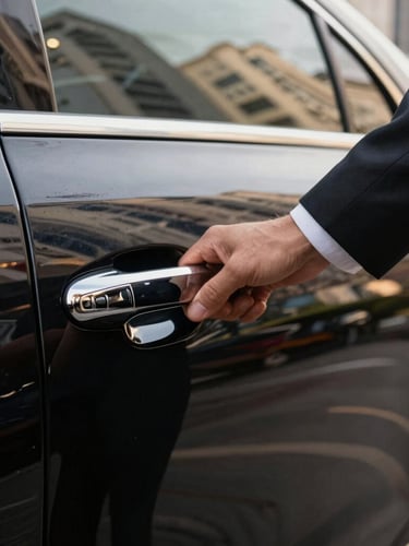 Tight close-up of a pristine black luxury sedan door handle being opened by a driver in a tailored dark suit, soft golden light reflections, São Paulo financial district background.