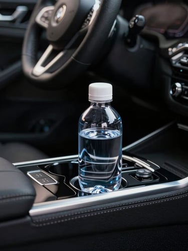 Tight elegant close-up of a pristine luxury car interior, black leather stitching, mineral water in the console, charging ports with subtle glowing light, clean and quiet atmosphere.