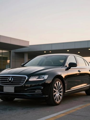 Low-angle heroic shot of a polished black executive sedan parked at Guarulhos Airport terminal during twilight, soft golden hour reflections on the pristine car body, clean modern architecture in the background.