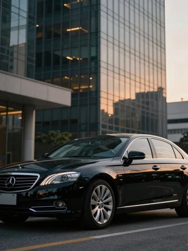Cinematic low-key shot of a polished black executive sedan parked in front of a modern glass skyscraper in São Paulo at dusk, soft golden hour reflections on the car body, elegant atmosphere.
