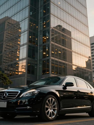 Cinematic low-key lighting shot of a polished black executive sedan parked in front of a modern glass skyscraper in São Paulo, soft golden reflections on the body, low-angle heroic framing.