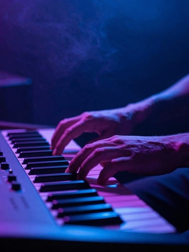 Moody close-up of a musician's hands on a vintage synthesizer in a dark studio, illuminated by a single streak of neon blue light, smoke haze, 35mm film style
