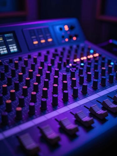 Close-up of a high-end mixing console in a dark recording studio, illuminated by sharp neon violet and blue backlighting, 35mm film atmosphere