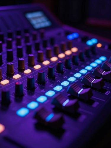 Cinematic close-up of a professional mixing console in a dark recording studio, glowing violet and neon blue LED indicators, shallow depth of field, 35mm film
