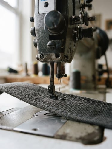 Close-up shot of heavy-duty industrial sewing machine stitching a charcoal canvas strap, soft diffused natural light, textile textures focused