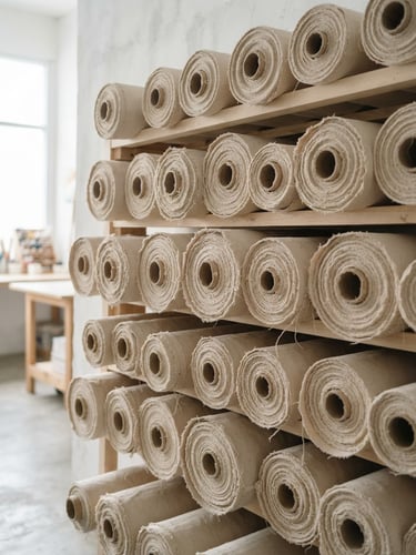 Minimalist raw canvas rolls stacked neatly in a bright, clean Jakarta workshop, soft natural daylight, 50mm lens