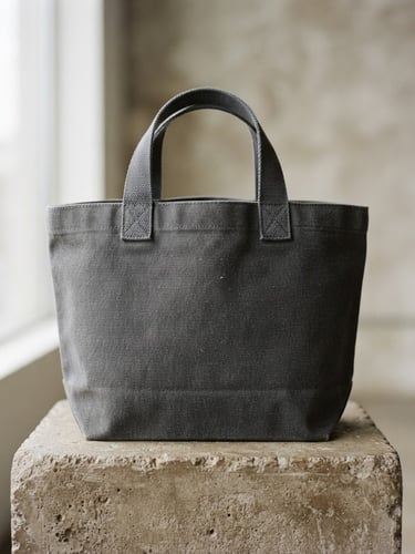 A single structured dark gray canvas tote bag sitting upright on a warm gray concrete block, 50mm lens
