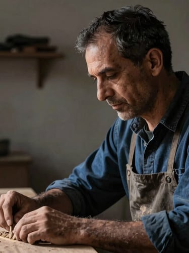 Editorial portrait of a local Spanish craftsman in his workshop, dramatic side lighting, deep shadows, focused expression, authentic environment, high-contrast, desaturated tones, 35mm lens.