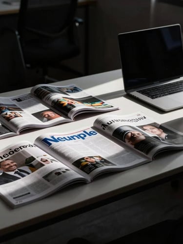 High-contrast photo of a modern newsroom table with creative magazines, a sleek laptop, and coffee cups, moody directional light, deep shadows