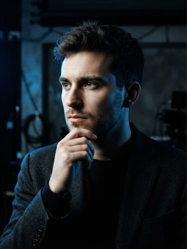 Close-up portrait of a young entrepreneur in a moody, high-contrast studio, deep shadows, electric blue light accent, desaturated tones, 35mm lens