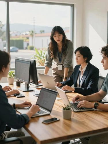 A bright, professional office environment in Temecula, California. Approachable marketing team collaborating around a clean wooden table with notebooks and screens, natural daylight streaming through large windows.