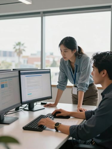 A bright, clean corporate office in California with digital marketing professionals collaborating around a screen, natural daylight.