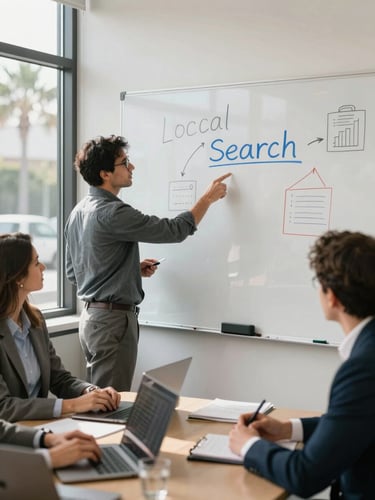 A professional corporate office meeting in California with team members discussing local search strategy on a whiteboard under bright natural daylight.