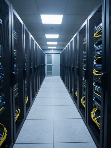 Wide shot of a financial services data center corridor, rows of illuminated server racks receding into depth, cool blue-white overhead lighting, fiber bundles routed precisely along cable trays, no people, calm and controlled atmosphere