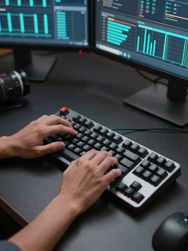 Close overhead view of hands on a mechanical keyboard, dual monitors in background showing infrastructure dashboards with cyan metric lines, even cool studio lighting, dark desk surface