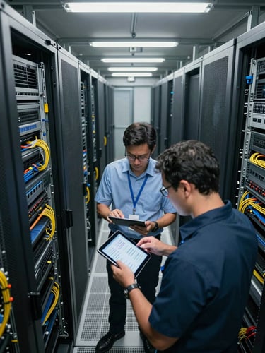 Overhead wide view of a server room aisle, engineers in focus reviewing cable documentation on a tablet, cool even fluorescent light, precise rows of rack-mounted hardware stretching into the background