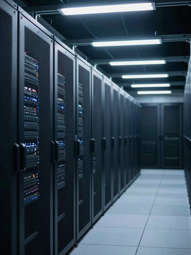 Wide enterprise data center corridor, server rack rows receding into cool blue-tinted depth, overhead fluorescent strip lighting, extreme left-frame composition with generous dark negative space on the right