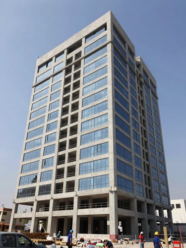 Ground-level wide shot of a completed multi-storey commercial building in Zapopan, north-facing daylight illuminating the concrete and glass facade, construction workers in hard hats visible in the foreground at scale, clear sky above, architectural documentary framing