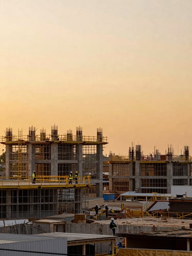 Wide panoramic view of a large commercial construction site in Jalisco at golden hour, organized scaffolding and structural concrete framework rising against a warm amber sky, workers in hard hats and safety vests visible at lower level, low horizon, generous open sky above