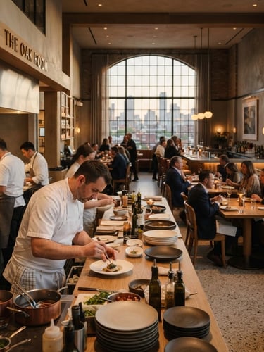 Wide-angle architectural perspective of a sophisticated, active F&B interior at golden hour, soft natural daylight, muted earth tones, a chef preparing a dish in the foreground, blurred patrons in the background, medium format editorial photography.