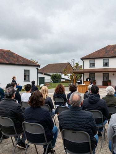 Overcast wide-angle shot of a local public town hall meeting, residents sitting in rows of chairs listening to a speaker, natural documentary lighting, 35mm lens.
