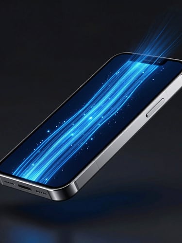 Sleek 3D render of a futuristic silver smartphone floating on a dark background, glowing electric blue data streams flowing out of the screen, high contrast, sharp details.