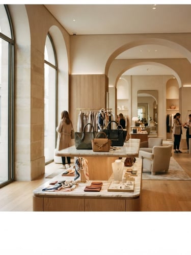 Wide panoramic luxury retail store interior, clean architectural lines, warm natural window light, elegant display of high-end accessories, shallow depth of field, 35mm