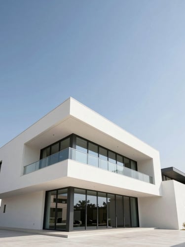 Low-angle architectural photograph of a modern luxury villa in Abu Dhabi, sharp daylight, high-contrast clean tones, wide-angle lens